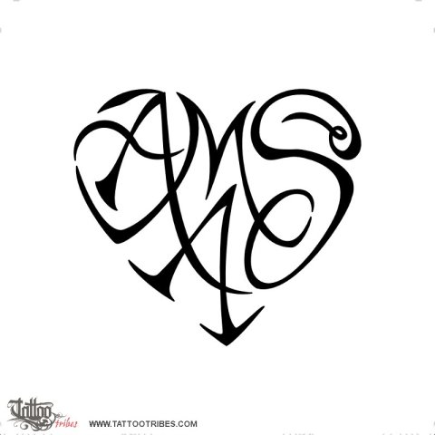A+M+A+S heart (Bond) tattoo design thumbnail