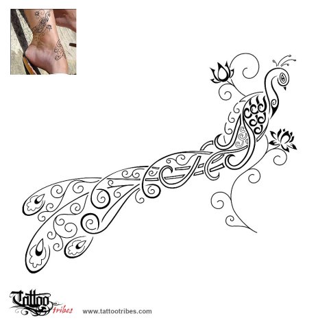 Peacock and lotus flowers (Beauty, rebirth) tattoo design thumbnail