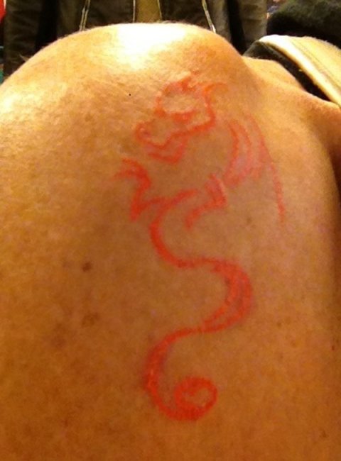 Blair - Stylized dragon: real inked placement tattoo photo thumbnail