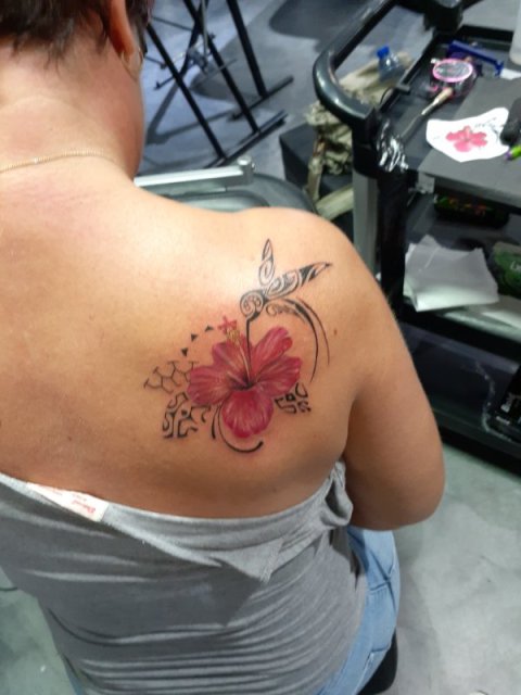 Michaela - Hummingbird & hibiscus: real inked placement tattoo photo thumbnail