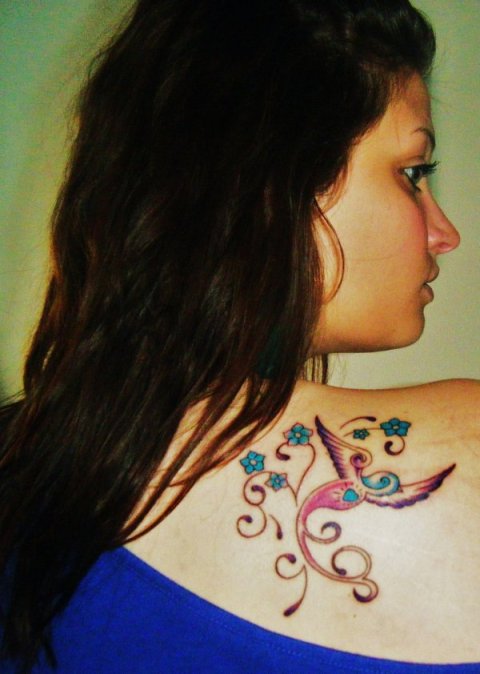 Stefania - Sparrow and flowers: real inked placement tattoo photo thumbnail